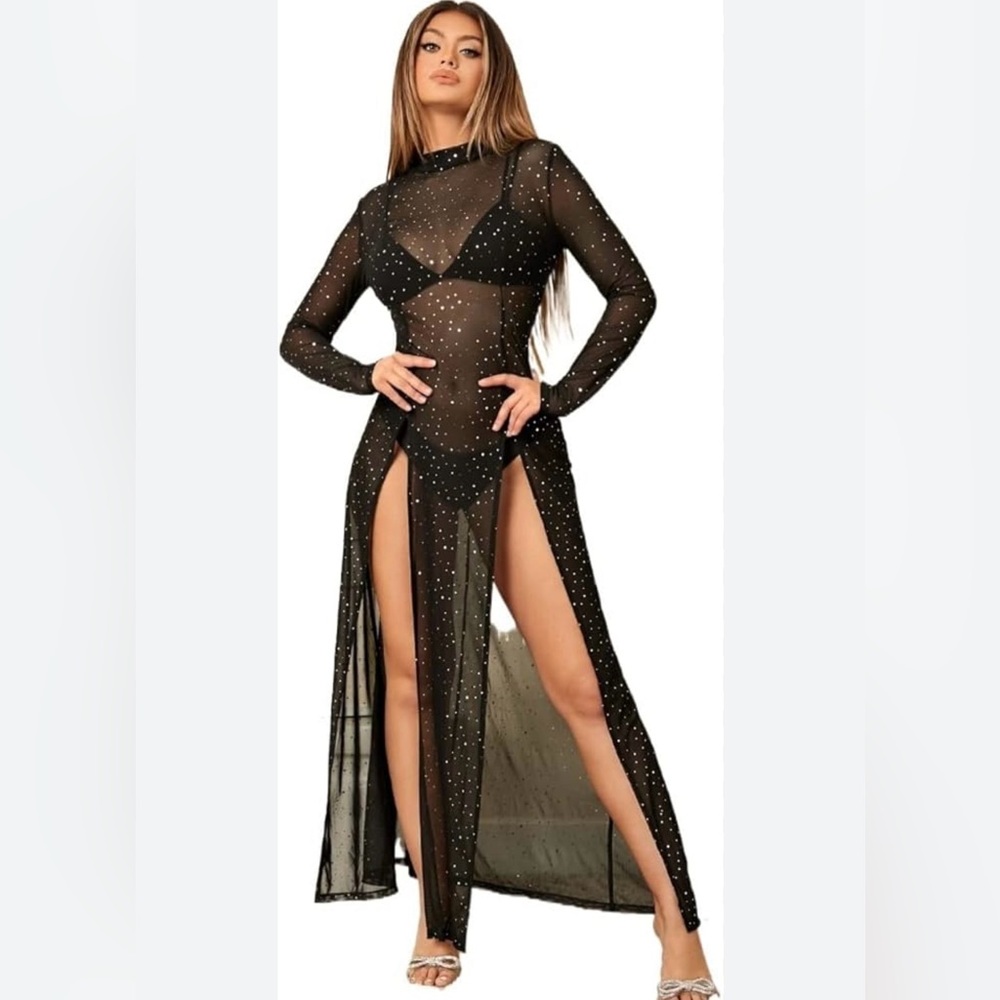 SHEIN Black Long sleeve mesh maxi dress